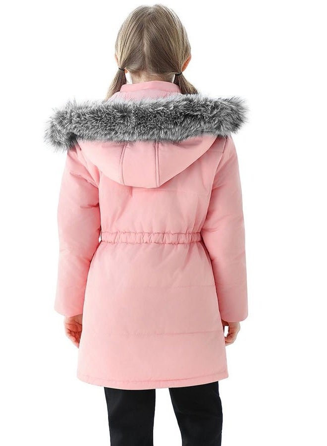 WULFUL Girl's Winter Long Coats Hooded Parka Kids Warm Puffer Jacket, Pink, 6-7 years - Image 5