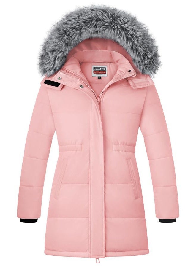 WULFUL Girl's Winter Long Coats Hooded Parka Kids Warm Puffer Jacket, Pink, 6-7 years - Image 1