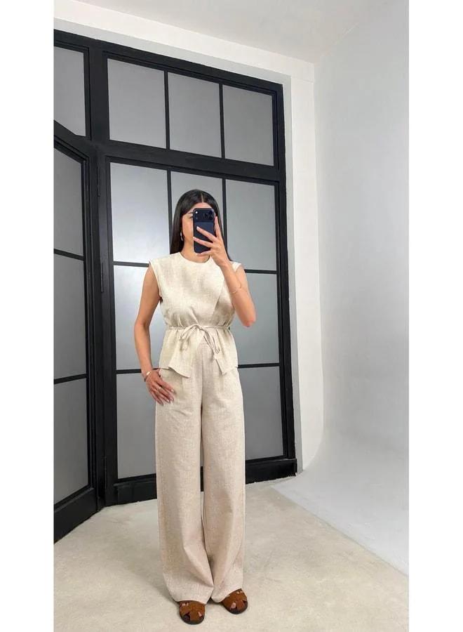 GAUS Stone-Belted Blouse with Elastic Waist Pants Two-Piece Linen Suit GAUS-01540.