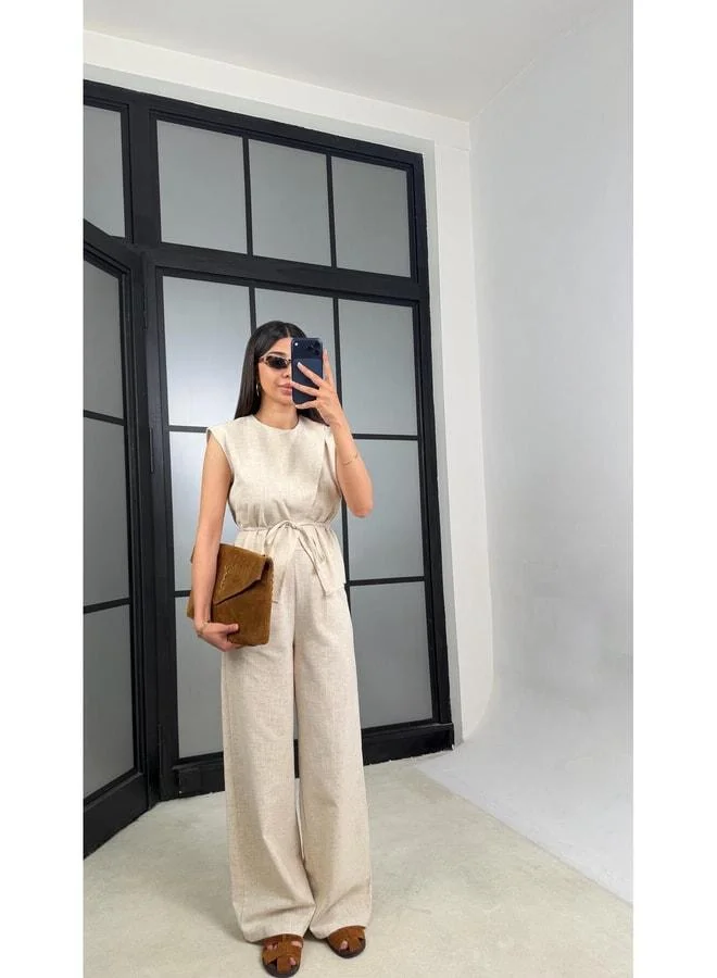 GAUS Stone-Belted Blouse with Elastic Waist Pants Two-Piece Linen Suit GAUS-01540.