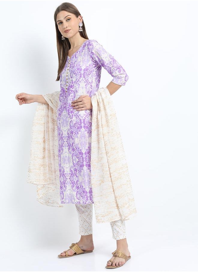 Vishudh Pack of 3 - Printed Straight Kurta, Trousers & Dupatta by Styli  - Image 2