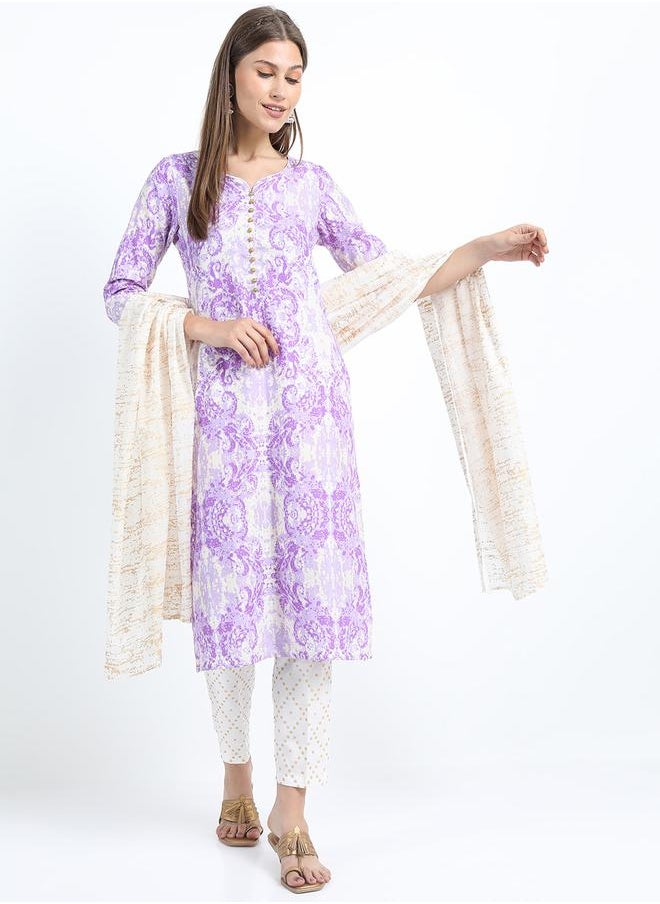 Vishudh Pack of 3 - Printed Straight Kurta, Trousers & Dupatta by Styli  - Image 1