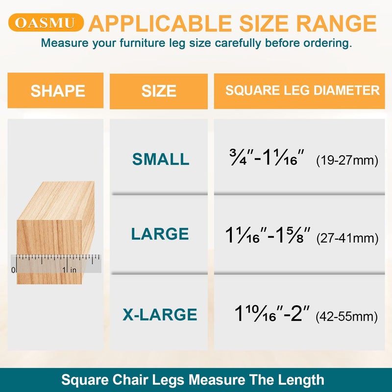 OASMU 32 Pcs Square Chair Leg Protectors for Hardwood Floors,Felt Furniture Floor Protectors with Silicone Caps, Large Size (Fits Chair Legs with Side Length: 1-1/16'' to 1-5/8'') - Image 2