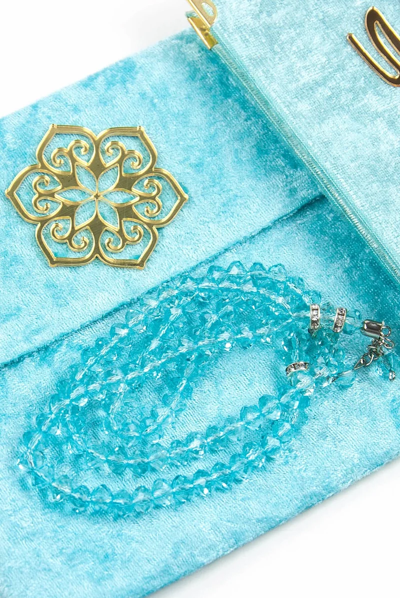 ايهفان Ikhvan Name-Made Velvet Covered Yasin Book Set with Purse and Prayer Beads Blue