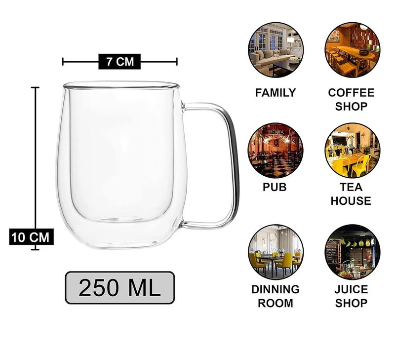 MARKQUES Double Wall Glass Mug for Coffee Tea Latte with Handle | Borosilicate Glassware for Hot and Cold Beverages Glass Mugs Cups | (250ml - Pack of 1) - Image 3