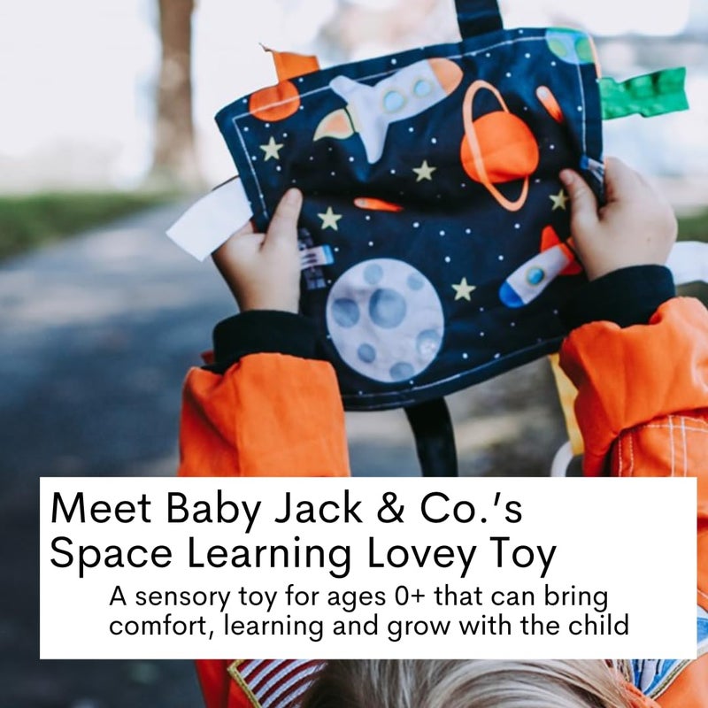 The Learning Lovey Baby Jack & Co 8x8” Outer Space Lovey Tag Toys for Babies - Crinkle Toys - Travel Self Sooth - Soft & Safe - Learn Shapes, Colors, Planets - BPA Free w/Stroller Clip - Image 2