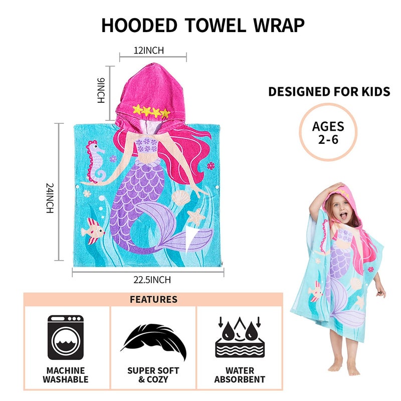 Gealaek 100% Cotton Hooded Towel for Toddlers 2-6 Years Boys Girls Kids Bath Pool Beach Towel Soft Absorbent Beach Poncho Little Mermaid - Image 5