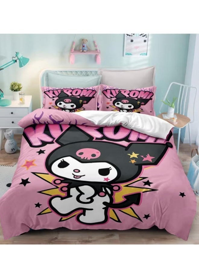Sanrio Kuromi pattern bedding three-piece set of soft microfiber polyester sheets including cover and two pillowcases (size 150cmX200cm) - Image 1