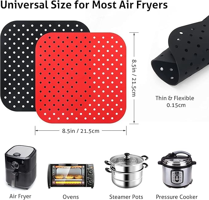 2 pcs Square Round air Fryer Silicone Liners 85in Round Reusable Silicone Air Fryer Mats NonStick for Air Fryer Basket Reusable Replace Parchment Easy Clean Porous Liners Multicolor