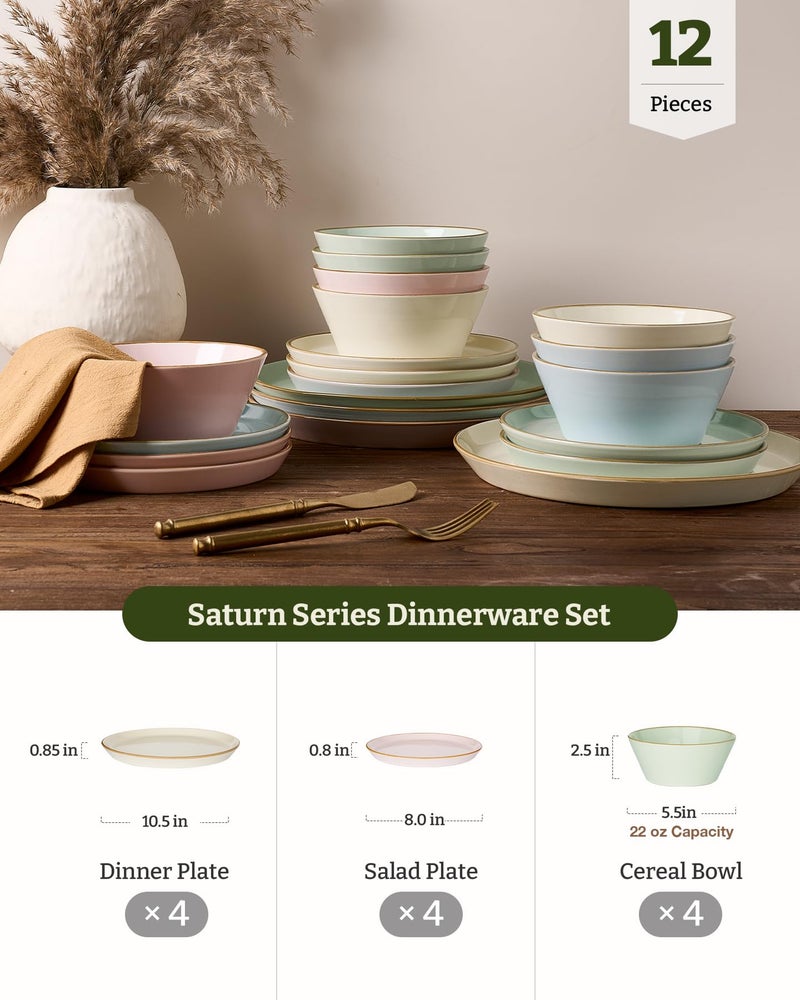 Famiware Saturn Dinnerware Sets, Plates and Bowls Sets for 4, 12 Pieces Stoneware Dish Set - Chip and Scratch Resistant, Microwave and Dishwasher Safe Tableware Set, Multi-color with Rim - Image 2