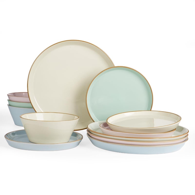 Famiware Saturn Dinnerware Sets, Plates and Bowls Sets for 4, 12 Pieces Stoneware Dish Set - Chip and Scratch Resistant, Microwave and Dishwasher Safe Tableware Set, Multi-color with Rim - Image 1