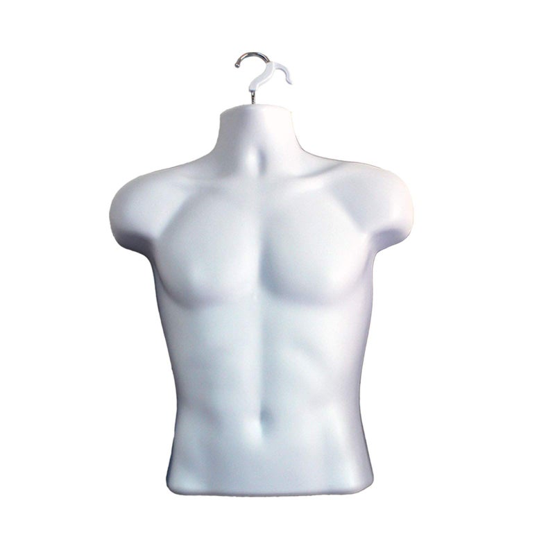 DisplayTown Male Mannequin Torso Hollow Back Body Stackable Dress Form with Hanging Hooks for Tshirt Display Countertop Craft Shows Photos and Design SM Clothing Size White Set of 1
