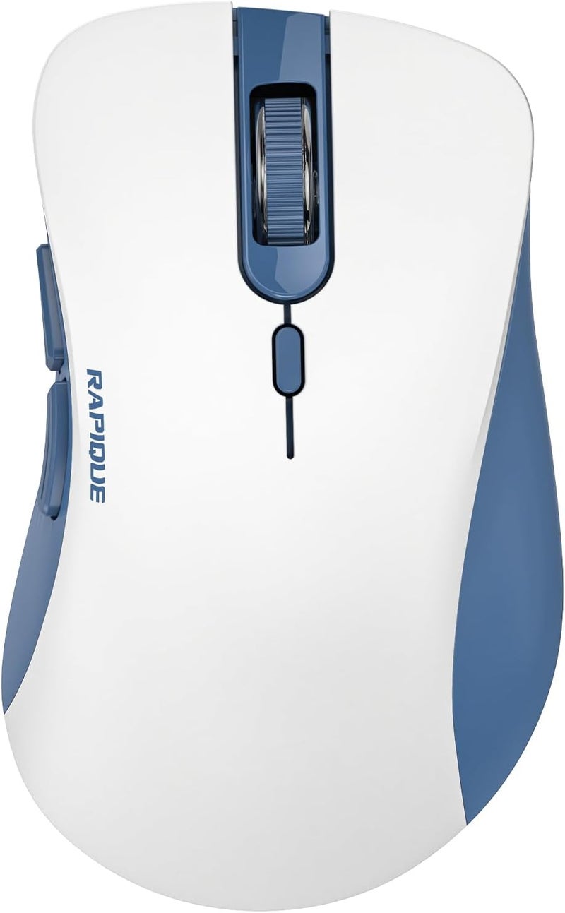RAPIQUE Bluetooth Wireless Mouse - Dual Bluetooth & 2.4 GHz USB Receiver, Ergonomic Design, Quiet Clicks, Low Power - Multi-Device Compatibility for MacBook, Laptop, Computer (Blue and White) - Image 1