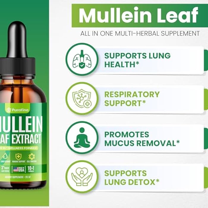 Purafina Mullein Drops For Lungs, 10-in-1 Mullein Leaf Extract for Lung Cleanse with Chrolophyll, Sea Moss, Spirulina, Elderberry Organic Respiratory Health Lung Detox - USA Made Mullin Supplement (1 Bottle) - Image 3