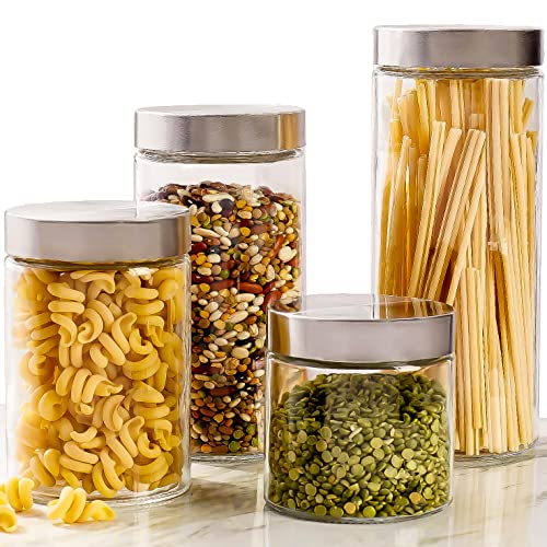 4pc Canister Sets for Kitchen Counter or Bathroom Labels Marker Glass Cookie Jars with Airtight Lids Food Storage Containers with Lids Airtight for Pantry Flour Sugar Coffee Cookies etc