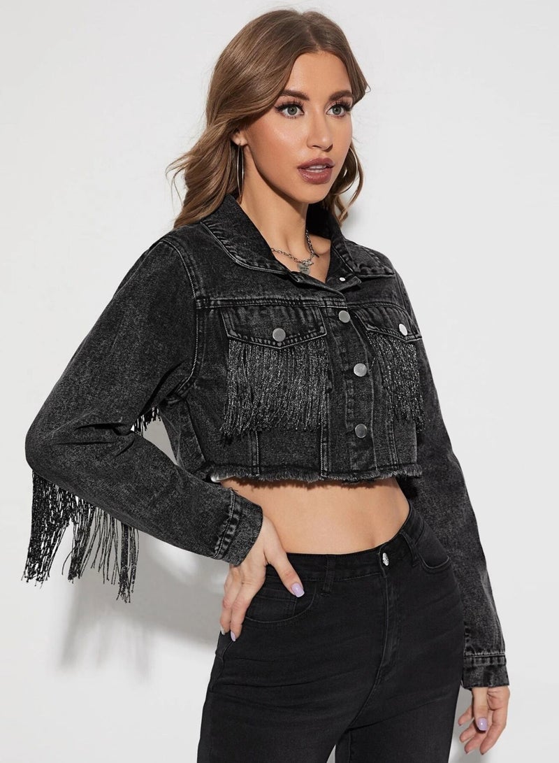 Loquat Fashionable Tassel Splicing Denim Short Jacket Black  - Image 1