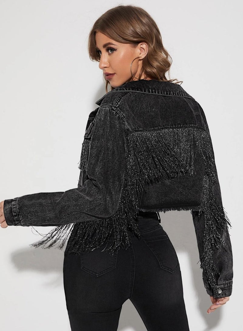 Loquat Fashionable Tassel Splicing Denim Short Jacket Black  - Image 2