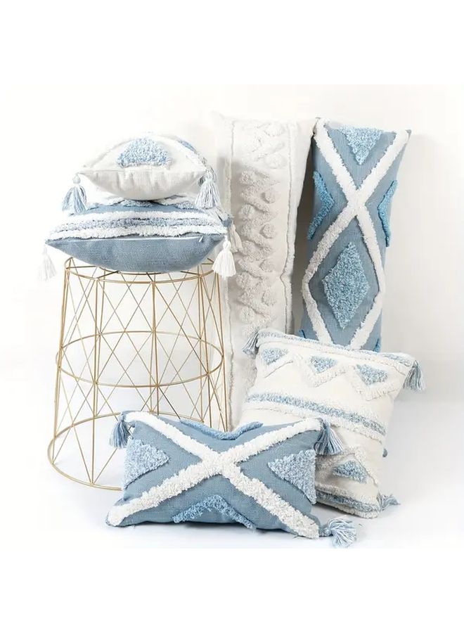 1pc Boho Tufted Polyester Throw Pillow Cover Blue And White Geometric Square Decorative Cushion Case With Tassels Zip Closure Hand Wash Only For Living Room Bedroom Sofa 18x18 Inches No Insert Included - Image 2