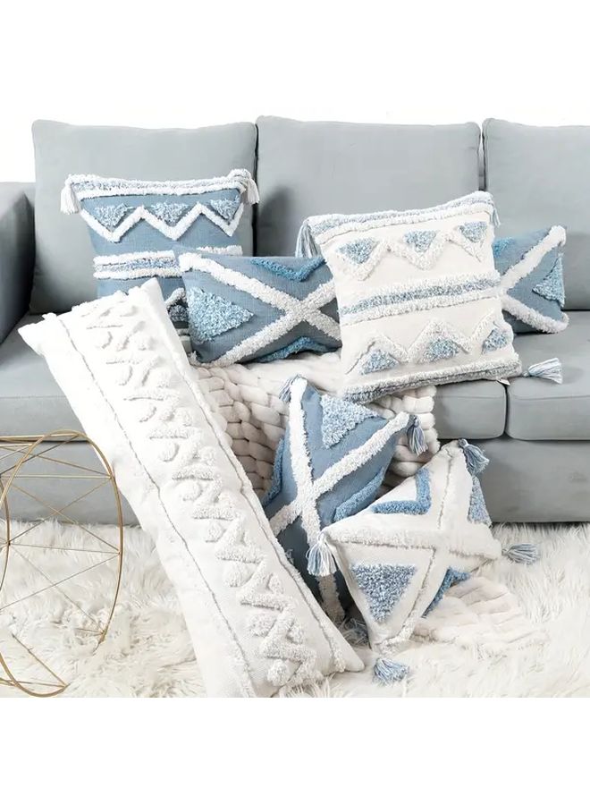 1pc Boho Tufted Polyester Throw Pillow Cover Blue And White Geometric Square Decorative Cushion Case With Tassels Zip Closure Hand Wash Only For Living Room Bedroom Sofa 18x18 Inches No Insert Included - Image 1