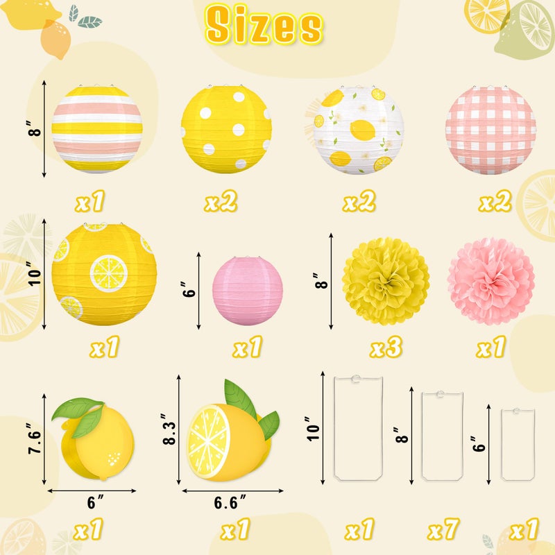 Renbuzhu 15PCS Summer Lemon Party Decorations Paper Lanterns Pom Poms Hanging Swirls Yellow Pink Theme Lemonade Stand Italian Decor for Birthday Home Backyard Indoor Outdoor - Image 3