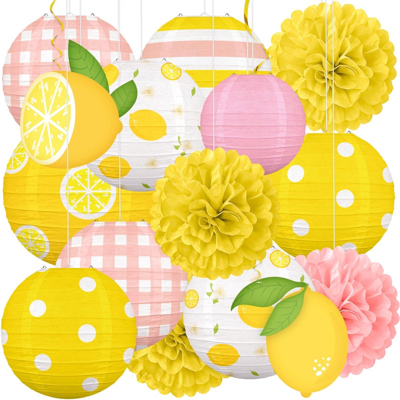 Renbuzhu 15PCS Summer Lemon Party Decorations Paper Lanterns Pom Poms Hanging Swirls Yellow Pink Theme Lemonade Stand Italian Decor for Birthday Home Backyard Indoor Outdoor - Image 1