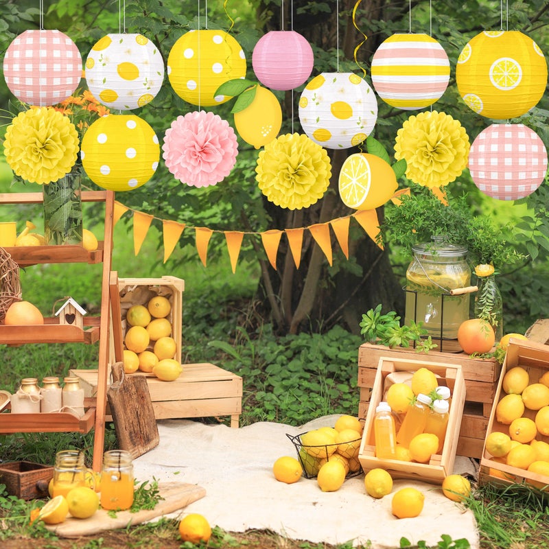 Renbuzhu 15PCS Summer Lemon Party Decorations Paper Lanterns Pom Poms Hanging Swirls Yellow Pink Theme Lemonade Stand Italian Decor for Birthday Home Backyard Indoor Outdoor - Image 5