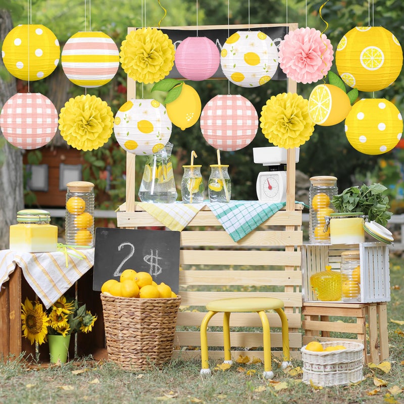 Renbuzhu 15PCS Summer Lemon Party Decorations Paper Lanterns Pom Poms Hanging Swirls Yellow Pink Theme Lemonade Stand Italian Decor for Birthday Home Backyard Indoor Outdoor - Image 2