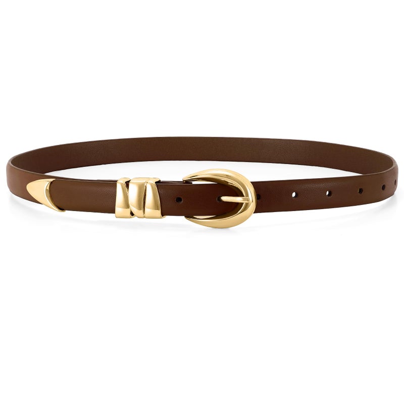 WHIPPY Women Skinny Leather Belt for Jeans Pants Dresses Ladies Fashion Waist Belt with Shiny Gold Buckle,Coffee Gold,M - Image 1
