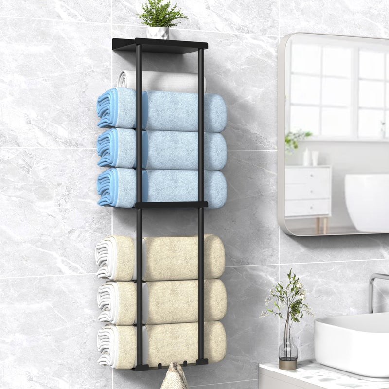 Liuoud Towel Rack for Bathroom, Wall Mounted Vertical Rolled Towel Storage Organizer Holder with Shelf, Holds Up 6 Large Bath Sheets, Black - Image 1