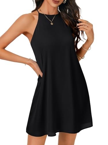 LYANER Women's Summer Halter Dresses Sleeveless Ruffle Hem A Line Swing Loose Mini Dress Black X-Large - Image 4