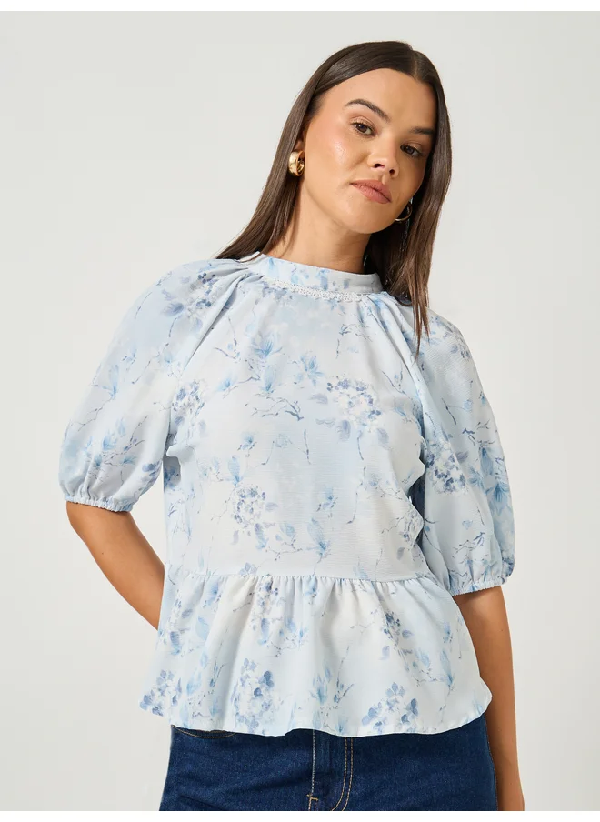 ستايلي Styli Floral Print Balloon Sleeve Round Neck Blouse