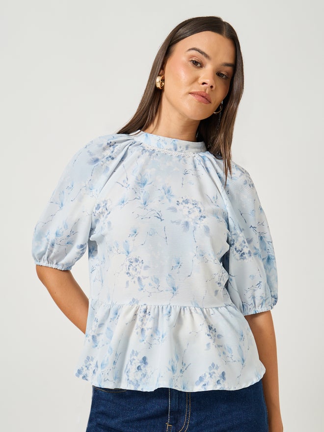 Styli Styli Floral Print Balloon Sleeve Round Neck Blouse  - Image 1