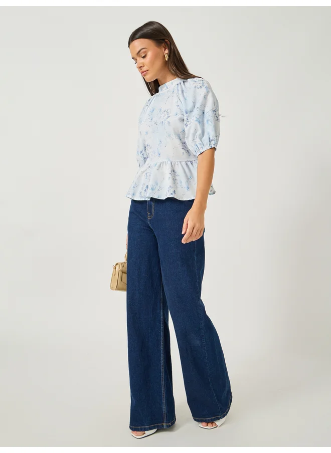 ستايلي Styli Floral Print Balloon Sleeve Round Neck Blouse