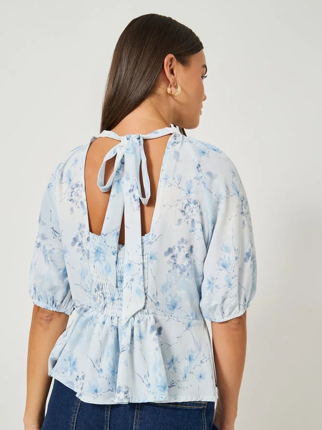 Styli  Floral Print Balloon Sleeve Round Neck Blouse for Women | Best Price UAE