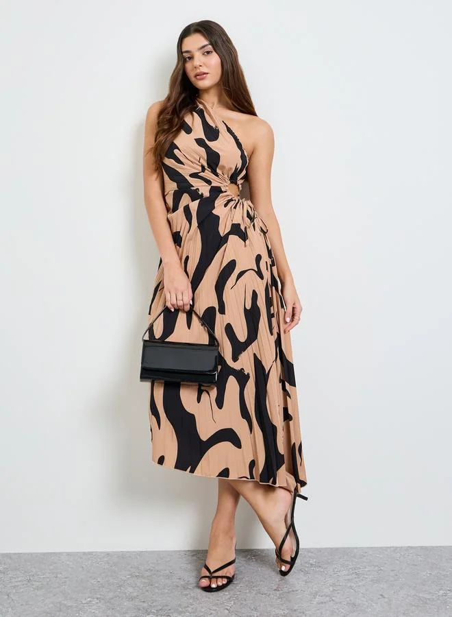 تايك تو Brown One Sleeve Midi Dress with Ruched Detail