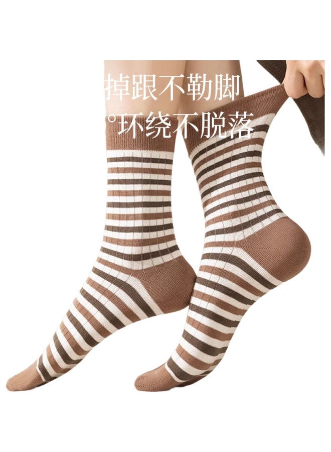 yimian Autumn And Winter New Product [Maillard Odor-Resistant] Mid-Calf Socks, Women'S Coffee-Colored Vintage Striped Slouch Socks - Image 3
