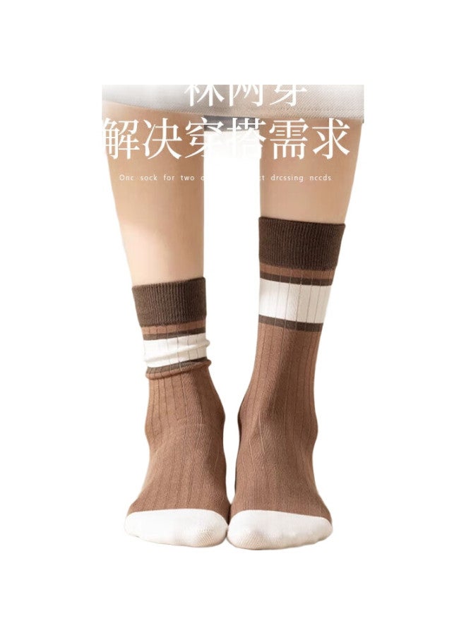 yimian Autumn And Winter New Product [Maillard Odor-Resistant] Mid-Calf Socks, Women'S Coffee-Colored Vintage Striped Slouch Socks - Image 1