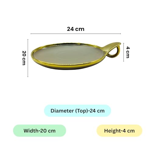 Lemon Tree Ceramic Round Serving Platter with Golden Rim & Hook Shape Handle | Ideal for Serving Snacks, Desserts, Fruits & Salads (Brown) - Image 5