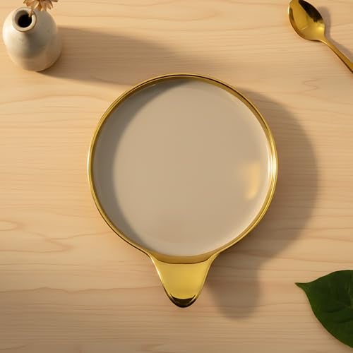 Lemon Tree Ceramic Round Serving Platter with Golden Rim & Hook Shape Handle | Ideal for Serving Snacks, Desserts, Fruits & Salads (Brown) - Image 4
