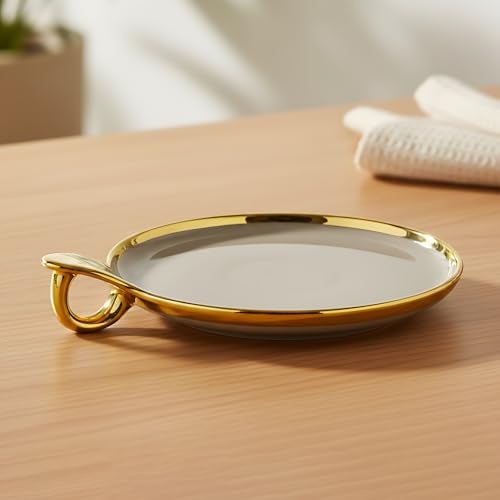 Lemon Tree Ceramic Round Serving Platter with Golden Rim & Hook Shape Handle | Ideal for Serving Snacks, Desserts, Fruits & Salads (Brown) - Image 3