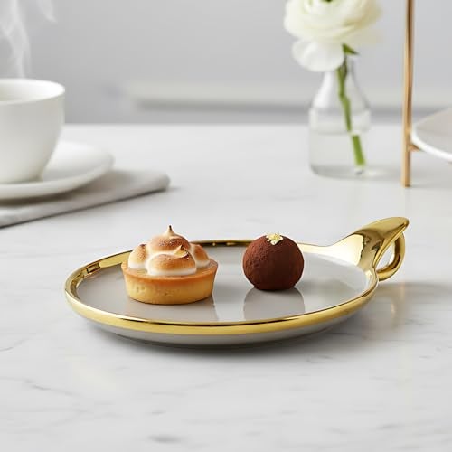 Lemon Tree Ceramic Round Serving Platter with Golden Rim & Hook Shape Handle | Ideal for Serving Snacks, Desserts, Fruits & Salads (Brown) - Image 2