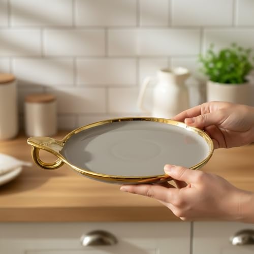 Lemon Tree Ceramic Round Serving Platter with Golden Rim & Hook Shape Handle | Ideal for Serving Snacks, Desserts, Fruits & Salads (Brown) - Image 1