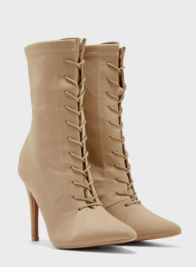 Missguided Lace Up Lycra Pointed Toe Ankle Boot