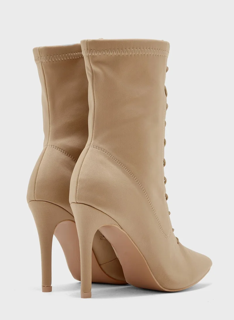 Missguided Lace Up Lycra Pointed Toe Ankle Boot