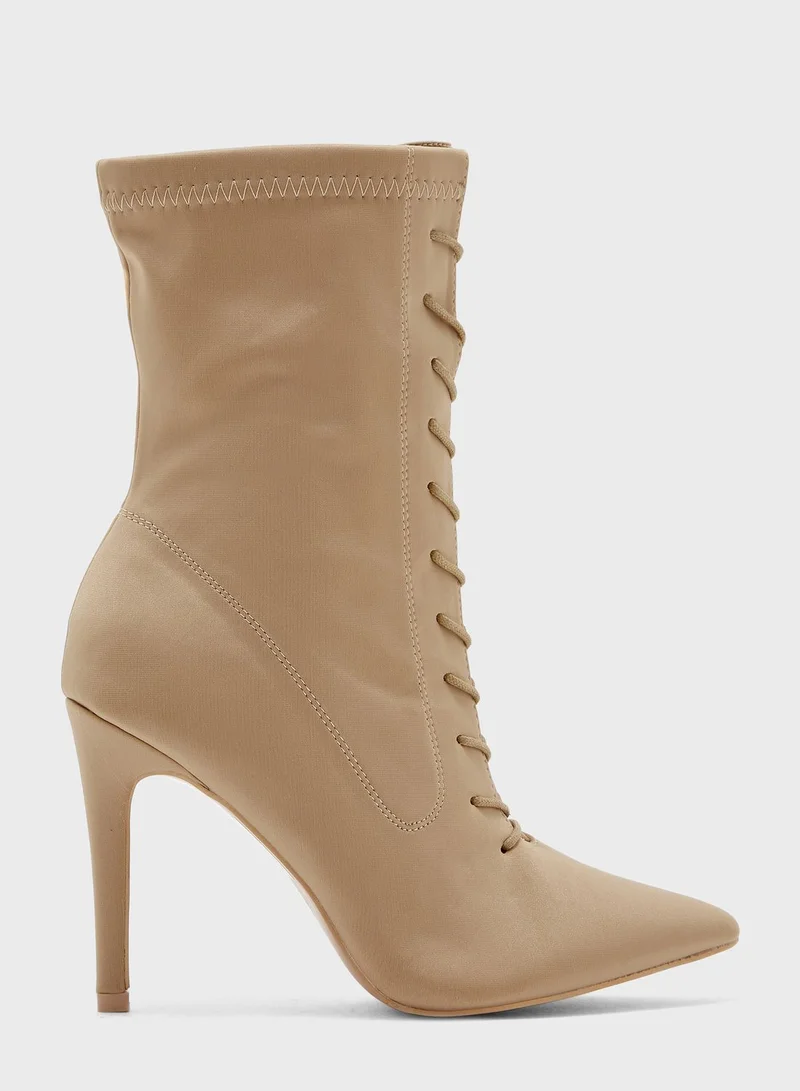 Missguided Lace Up Lycra Pointed Toe Ankle Boot