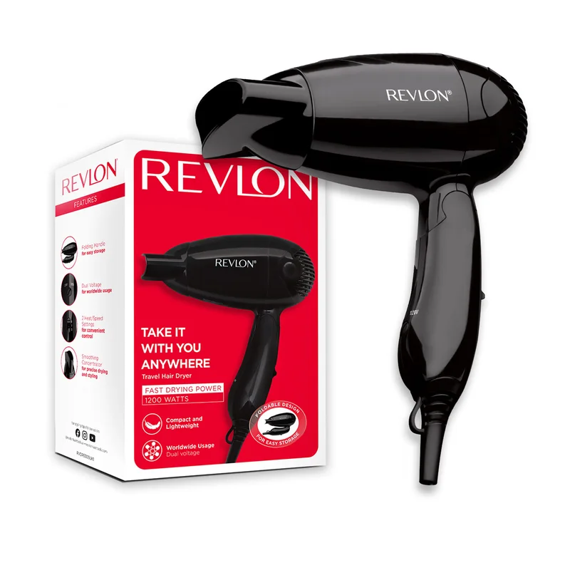 Revlon Travel Hair Dryer, Foldable Design for Easy Storage, Compact and Light Weight, Worldwide Voltage, 1200 Watts, 2 Heat Speed Settings, Black – RVDR5305ARB1