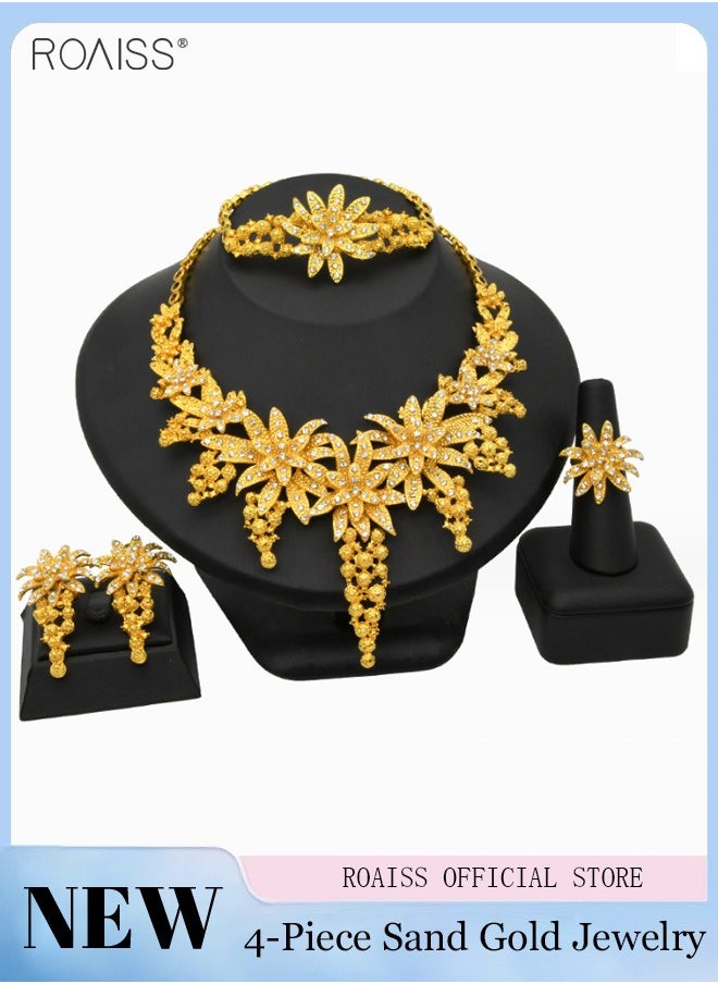 roaiss Multi Piece Golden Bride Jewelry Necklace Earrings Rings Bracelets Headwear Middle Eastern Bride Set  - Image 1