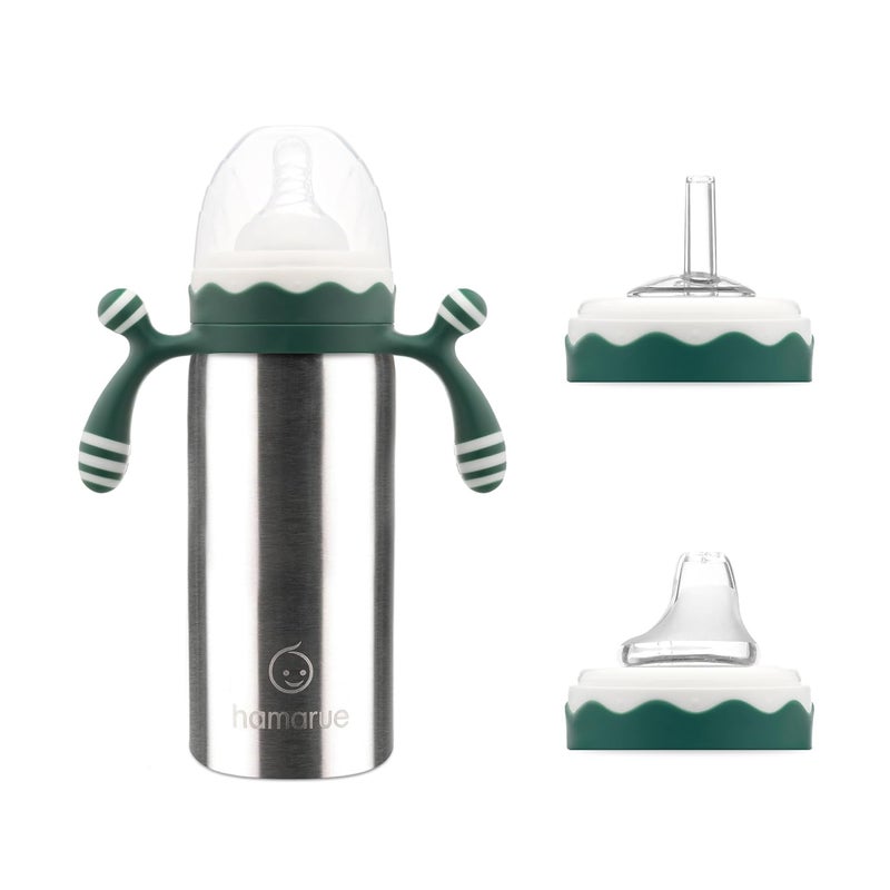 Hamarue 3in1 Deluxe Stainless Steel Sippy Cup for Babies and Toddlers  NonToxic Plastic Free Liquid Transfer  Straw Baby Cup  Bottle  Leak Proof Insulated Green 6 oz - Image 1