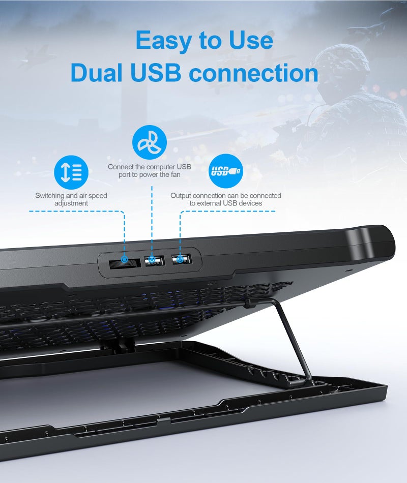 MOKURU Laptop Cooling Pad Stand, Laptop Cooler with 2 Silent Fans for 10-15.6 Inch Laptops,6 Levels of Height Adjustable Wind Speed with 2 USB Ports (Black) - Image 5
