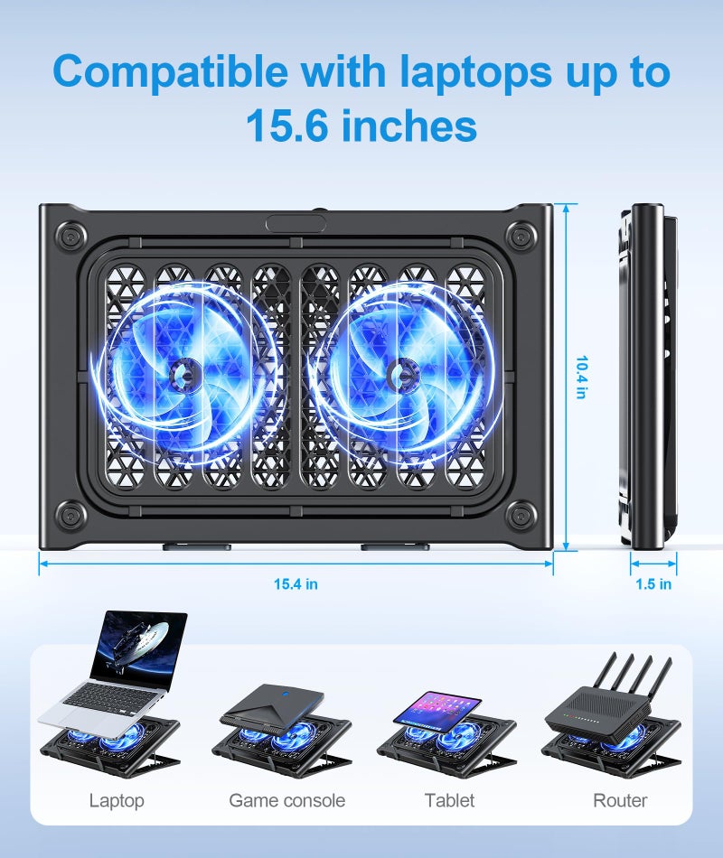 MOKURU Laptop Cooling Pad Stand, Laptop Cooler with 2 Silent Fans for 10-15.6 Inch Laptops,6 Levels of Height Adjustable Wind Speed with 2 USB Ports (Black) - Image 2